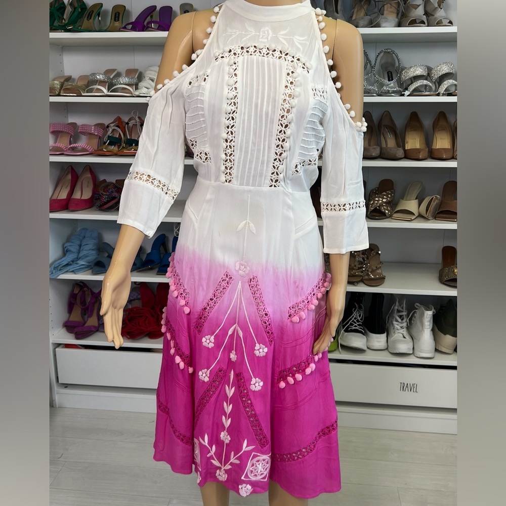 ASOS White and Pink Ombre Dip Dye Lace Flare Dress with Cold Shoulder Pom Pom